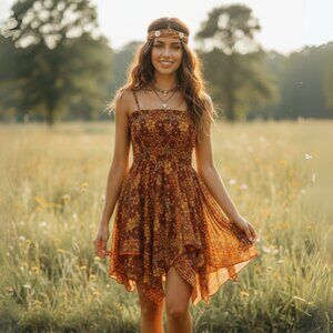 Gardenbelle Silk Fairy Skirt Spaghetti Strap Dress OS Festival Hippie Boho EUC